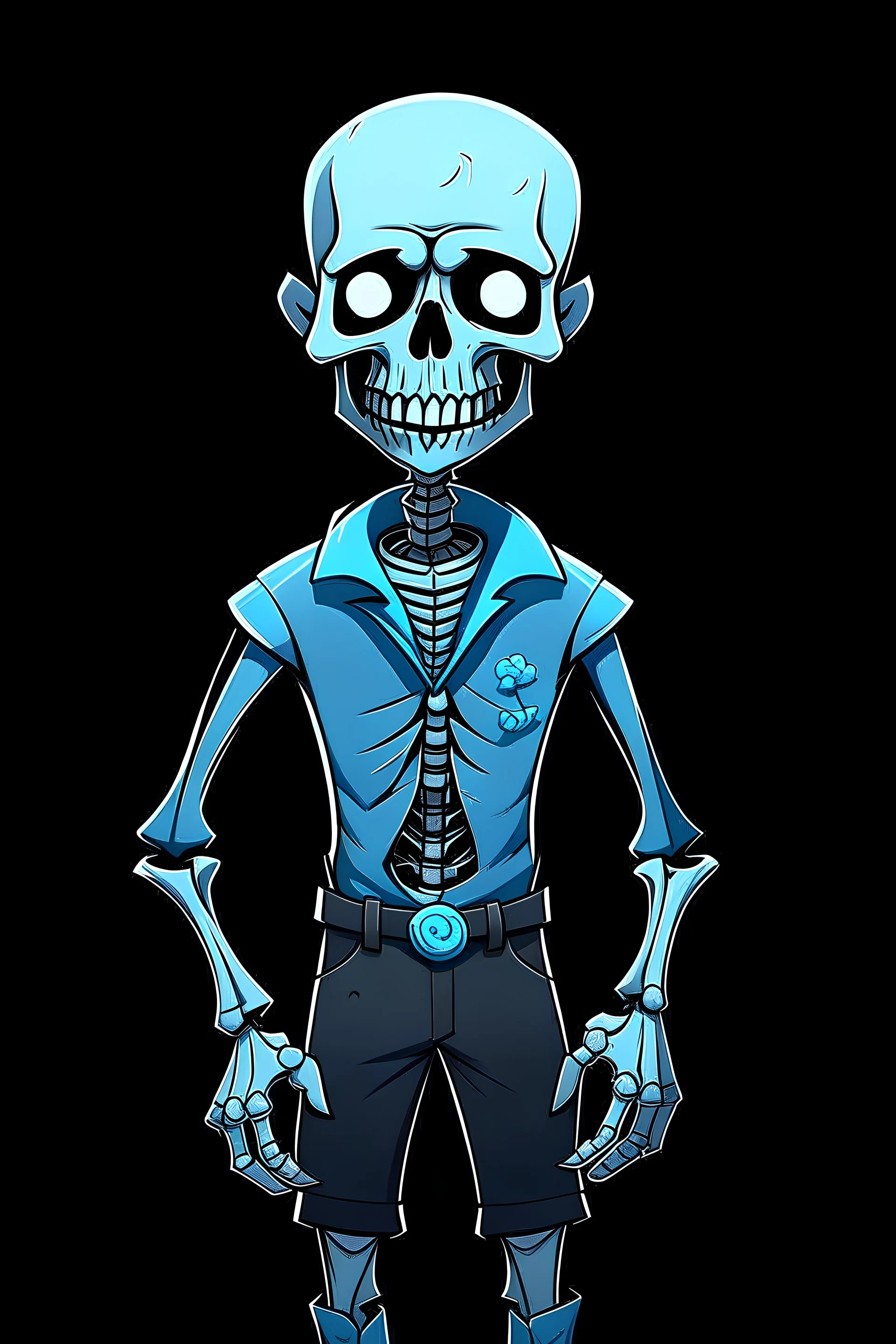 Cartoon style, Funny skeleton that wears a high-collared shirt, wears a blue blouse over it, black shorts, has his hands in the pocket of his blouse, has completely dark and deep-set eyes while one of them glows blue, completely dark background, undertale