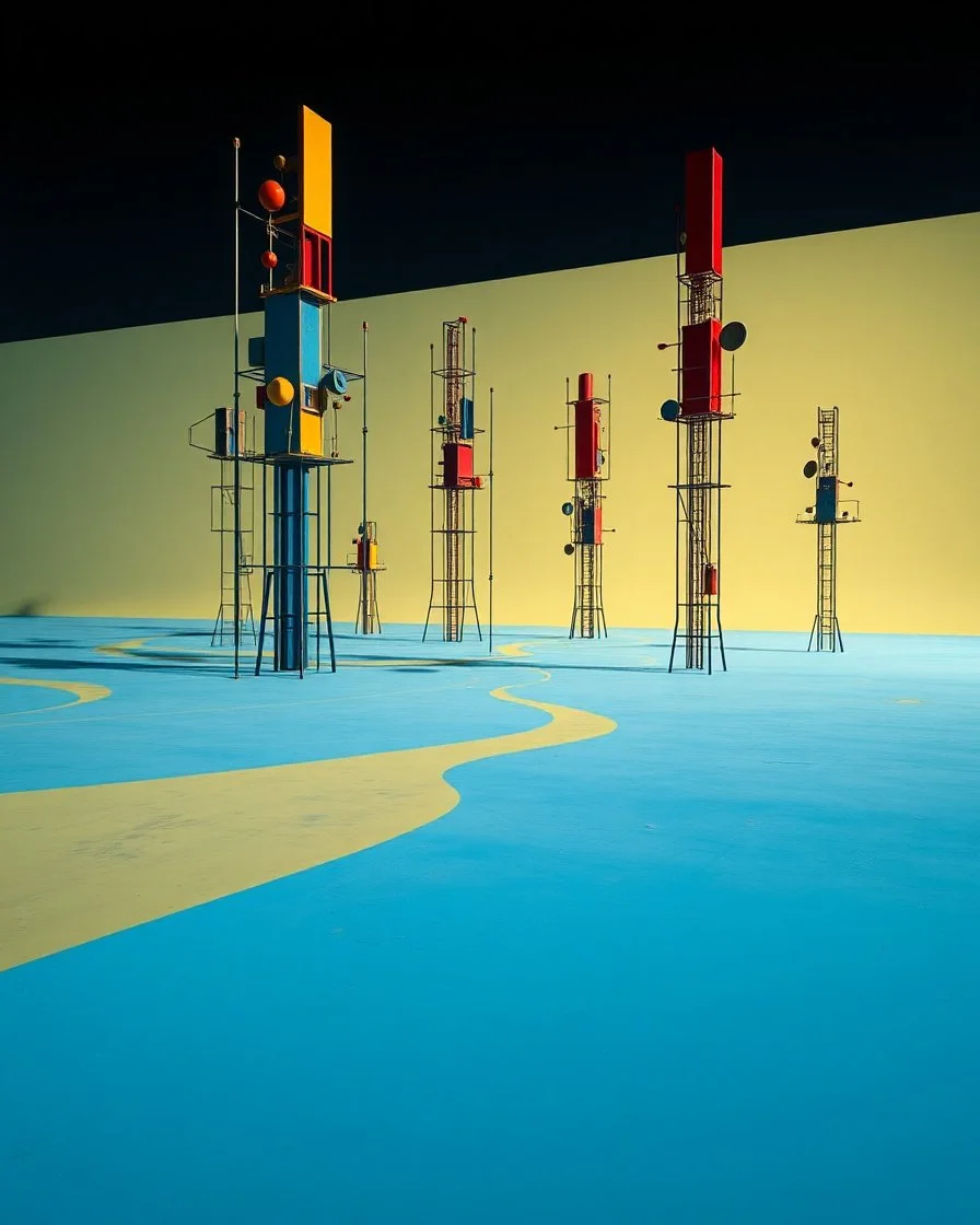 Fotografia di una superficie piatta di colore azzurro chiaro e giallo pastello, su cui si ergono enormi surreali strutture di forma astratta e surreale, di metallo, di colori vari, forti contrasti. Buio. Joan Miró odd style. Strong 3d deep field. Oscurità, paranoic, obsessive, homologic, phobic, nightmare, notte, glossy, hasselblad h6d400c --ar 85:128 --v 6.