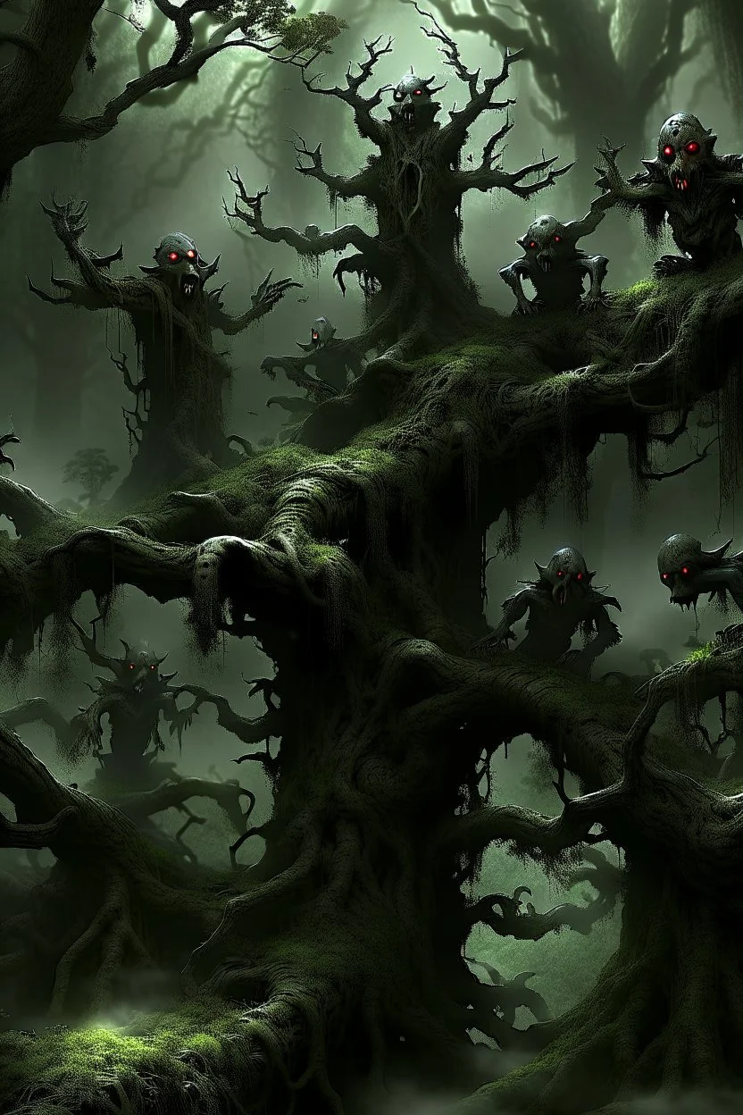 A group of black dark creatures hanging upside down from a tree without leaves . The tree skin is covered in moss and lichen, allowing it to blend seamlessly into its surroundings. Dark cave Spirits feed on the energy of trees and can create thick fog to confuse their victims.