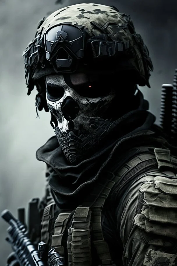 A soldier in the game modern warfare, he wears a BLACK skull helmet that covers his face, he is a rifleman, and his callsign is Titan.