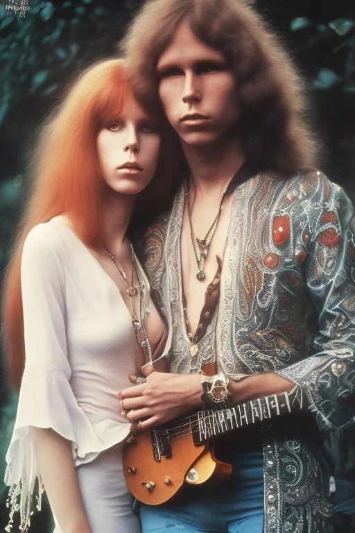 Jim Morrison and Pamela Courson ,music, ignoreNSFW, watermark, bohemian style , blurry,beautiful,elegant,roses, fantasy