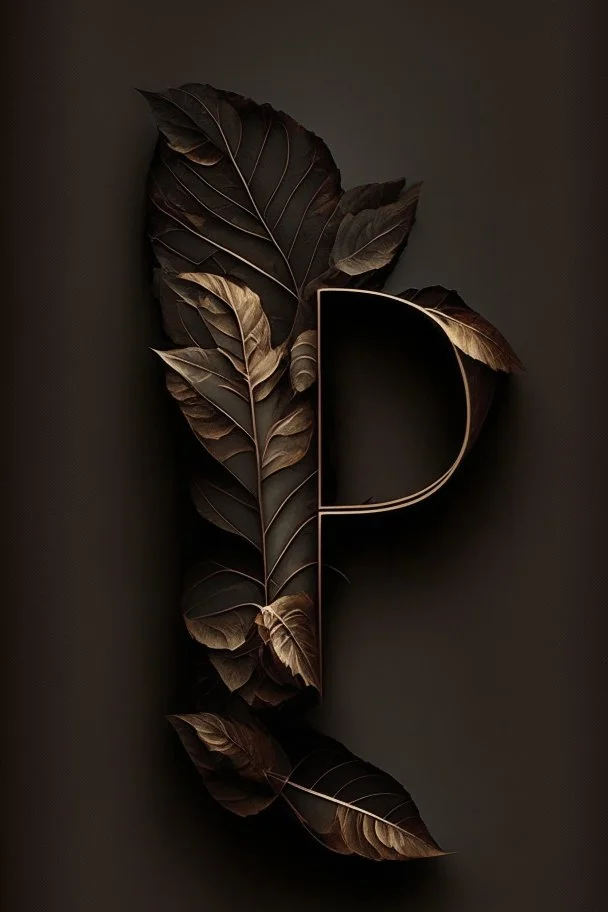 letter 'P' black colour, aesthetic, with brown leaf