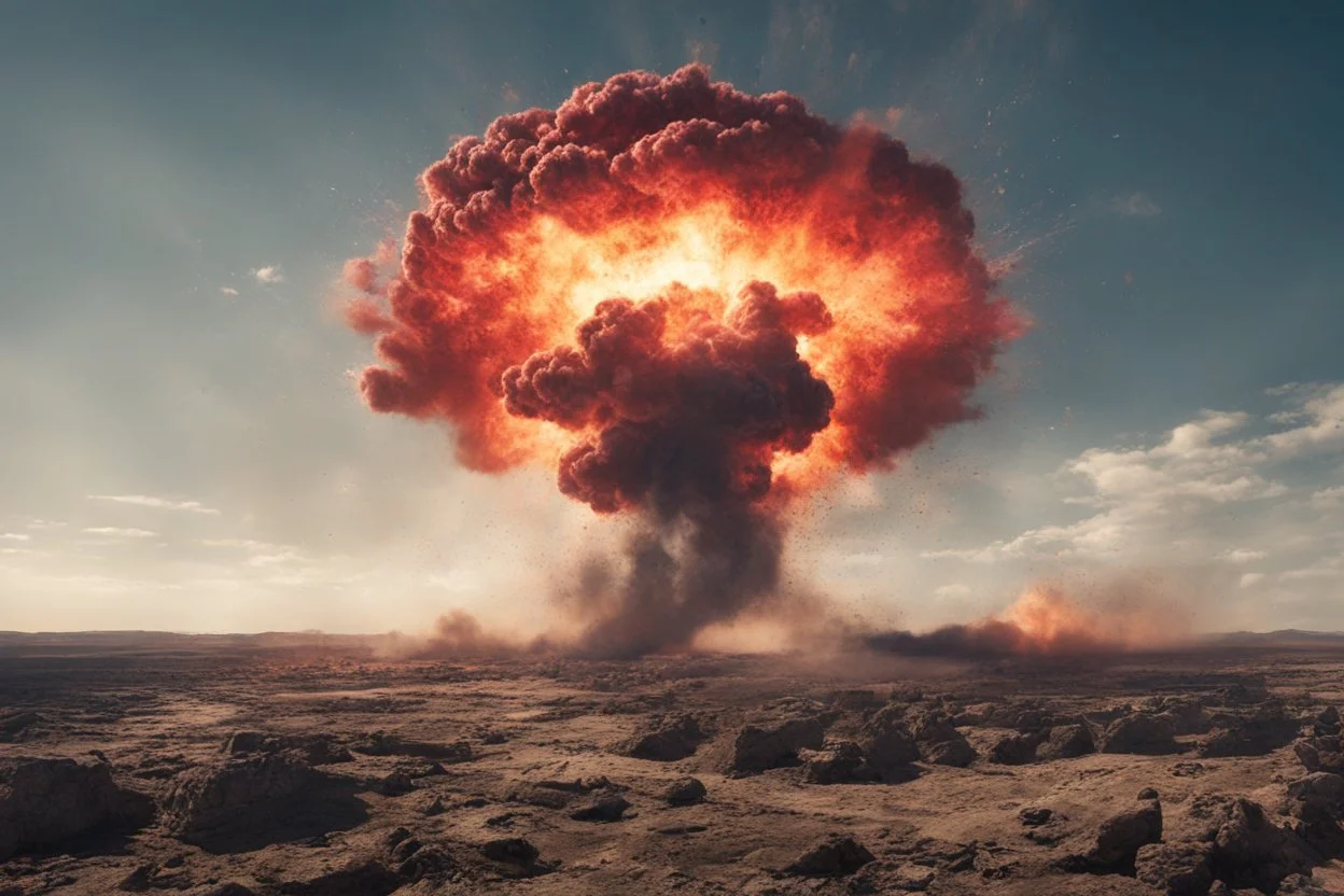 Atomic explosion, made of blood, ULTRA REALISTIC, details, intricate detail, professional lighting, film lighting, 35mm, anamorphic, lightroom, cinematography, bokeh, lens flare, film grain, hdr10, 8k, Roger Deakins, incredibly detailed, reflect, sharpen