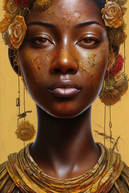 an abstract painting of rusted metal and flowers, african portrait, rust, scaffolding, iron cladding, decay, mixed media, textured, anatomically correct, beautiful perfect face, sharp focus, highly detailed