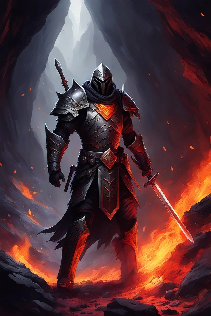 The warrior entered the cavern in hopes of finding the Sword of the Obsidian Flame. After defeating countless lava elementals, he finally finds one in the remains of a fallen foe.