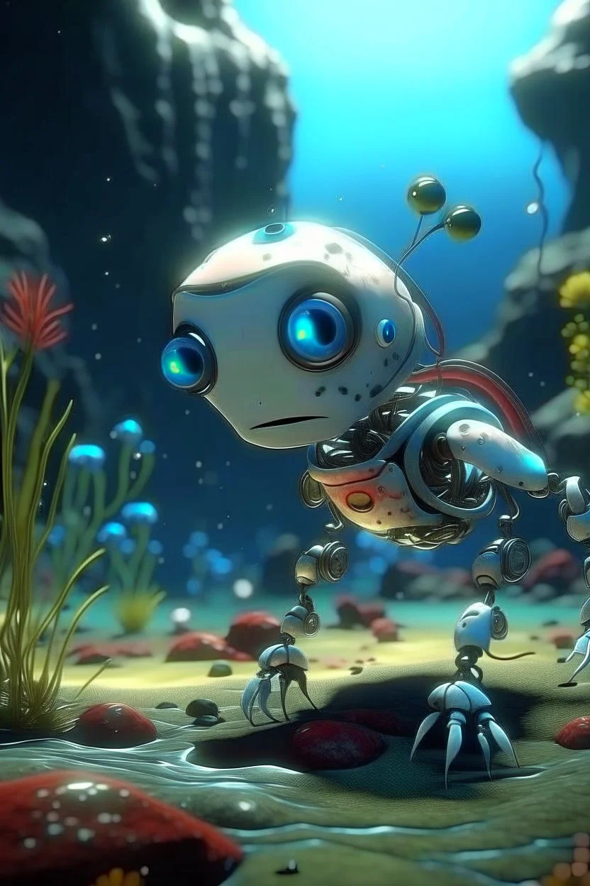 A cute robot discovering a new species of underwater creatures.., 4 k, down light, depth of field, trending on art station, high detail, cracked ground