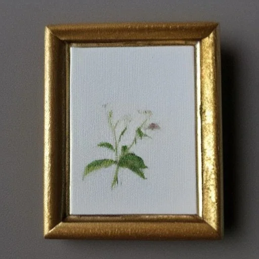 tiny oil painting of single long stem pressed flower, tiny white canvas, tiny white modern frame, melancholy, tender, moody, vintage, delicate arrangement, beautiful composition, etsy, aesthetic layout, plain solid white background