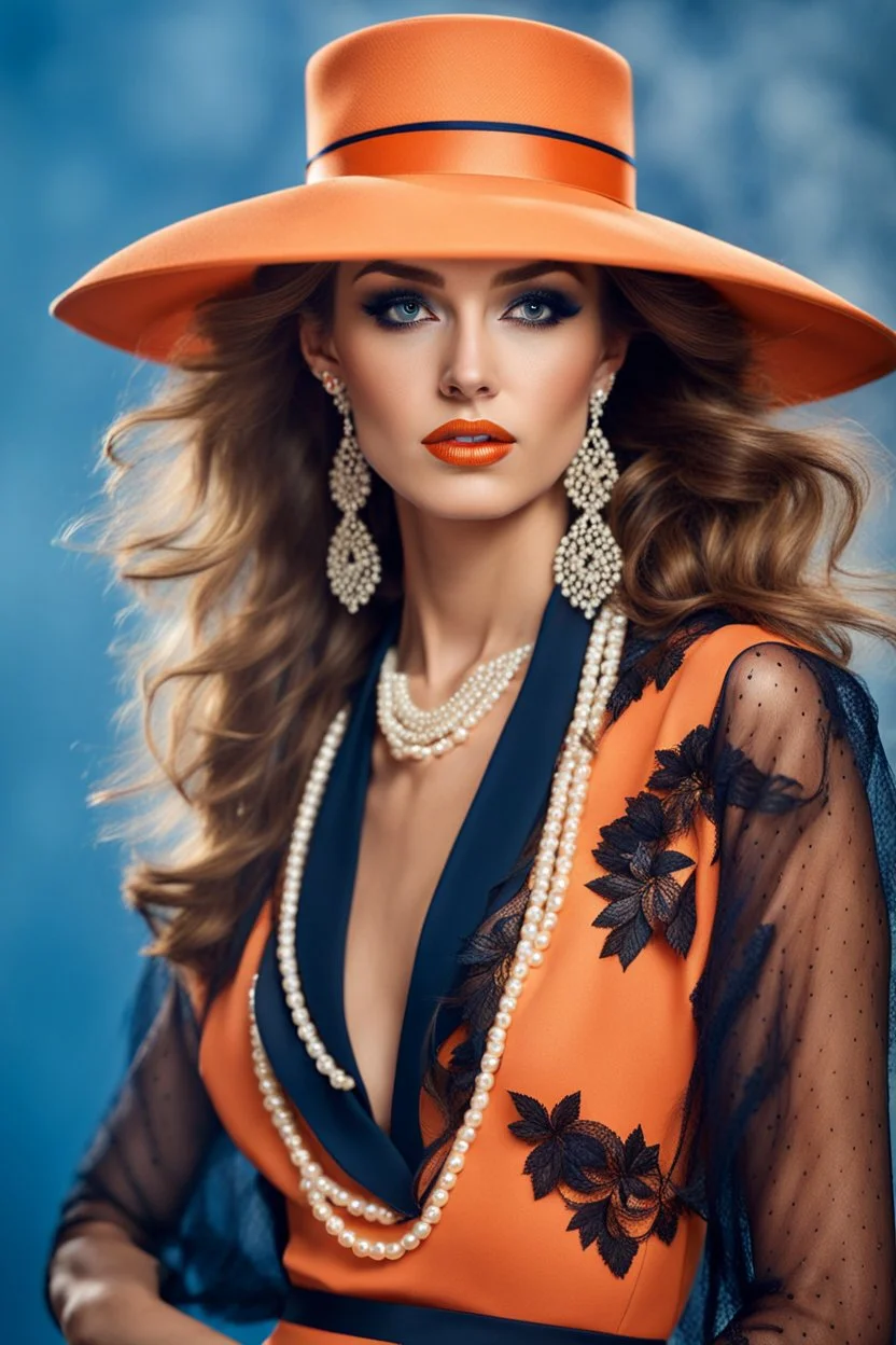 full body beautiful girl, elegant orange,lace clothes of the 80s, luxury style, small elegant hat with feather, hair of the 80s, pearl necklace, earrings masterful, beautiful face,blue backdrop