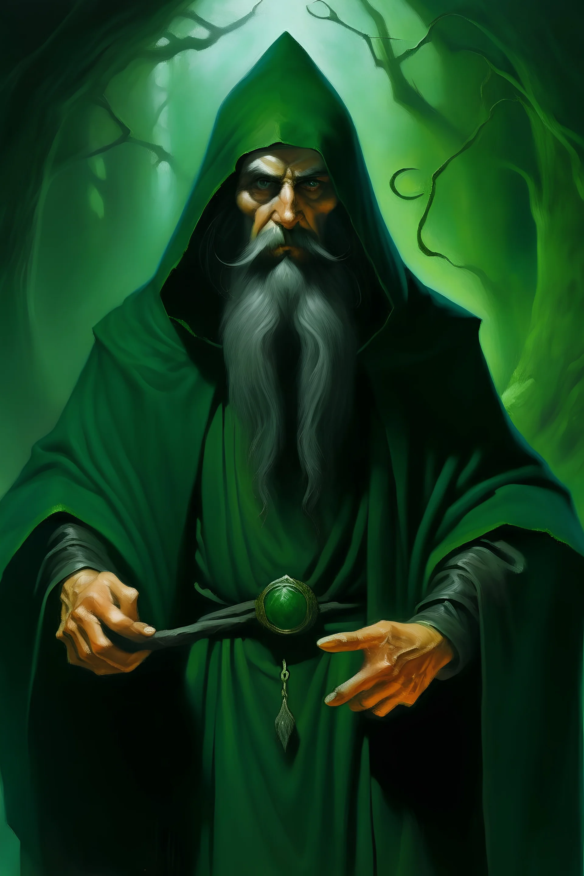 1970's dark fantasy cover dnd style oil painting of an old herbalist rasputin like hero using a dark green cloack with sport outfits with minimalist far perspective. Magazine.