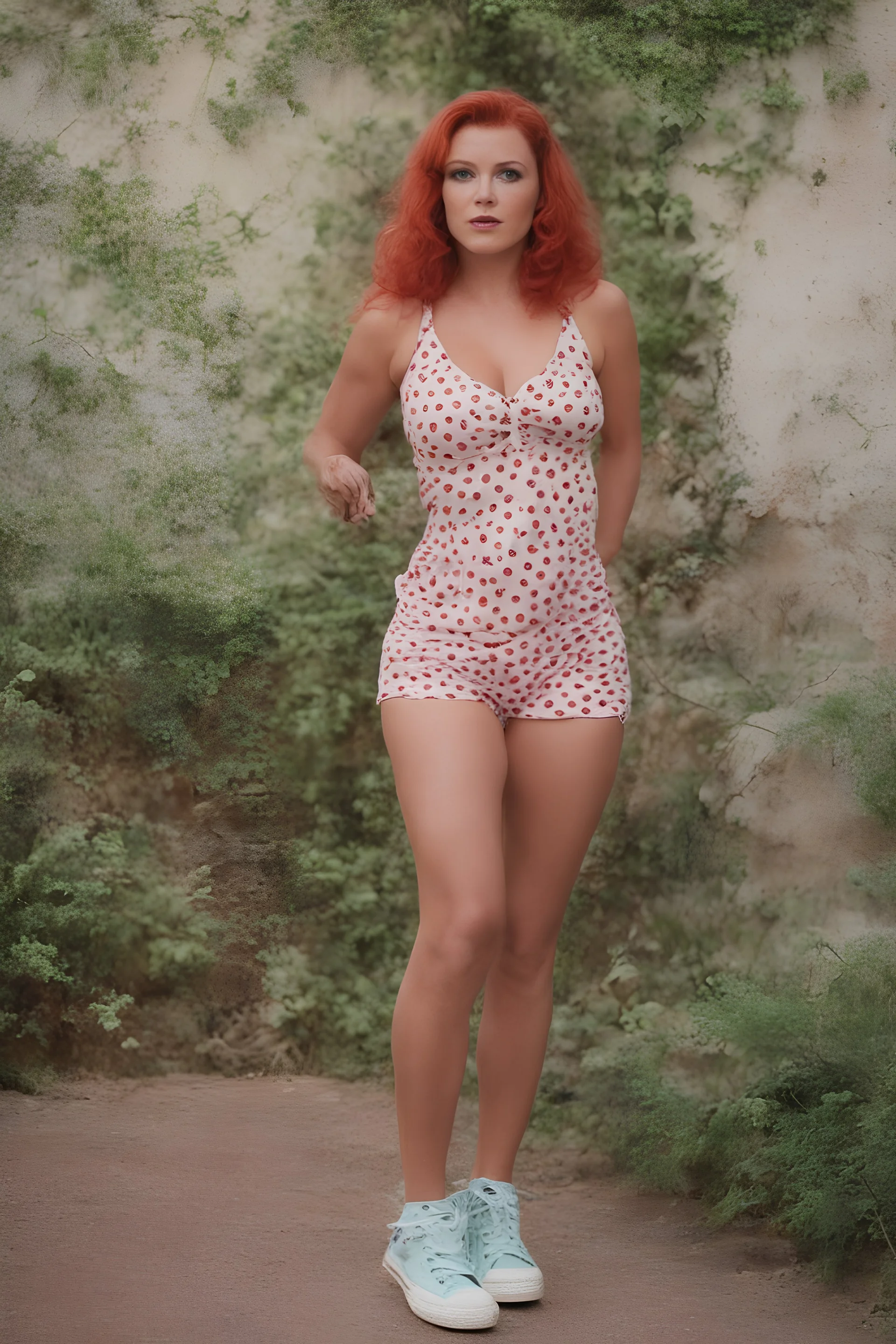 young Darla Quiggleblarf - red hair, green eyes, stacked body, huge gargantuans, bikini with red and while-polka dots and converse sneakers