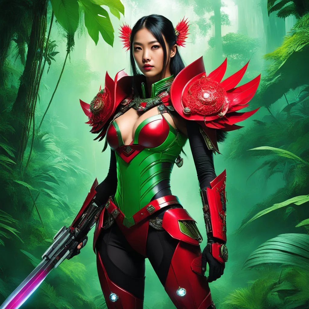 In the heart of the verdant jungle, where ancient mysteries intertwine with futuristic marvels, the Asian cyber-samurai superheroine stands tall on the lush earth, a testament to power and grace. Adorned in a crimson, futuristic harness intricately laced with mechanical elements, she blends seamlessly with the vibrant green foliage that envelops her. The air hums with the mystical energy of the black and white Baphomet sigil hovering in the background, casting an otherworldly aura around her. He