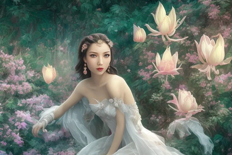 only one pretty asiatique girl dénudée just before a magical crystal flower lotus magnolia lys bougainvillier, blue gold house indian palace castle in the woods, magnolias pink,blue lake,sun,white swanns,pink vertical, blue lake,sharp, vines, candlelit, endor, ornate, elegant, highly detailed, artstation, concept art, smooth, sharp focus, illustration, 8k, splash art, wallpaper, key visual