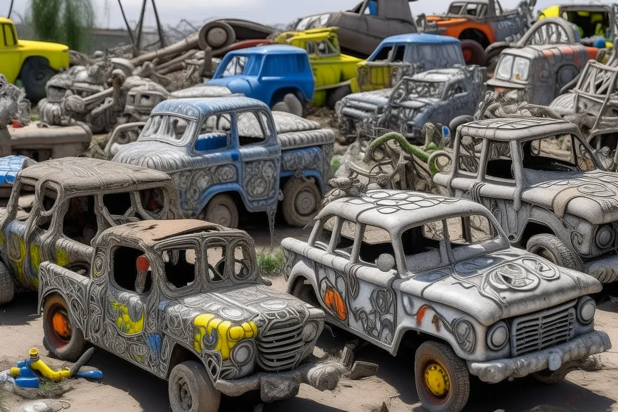 A light gray trashed junkyard with broken down construction vehicles designed in Oaxacan alebrijes painted by Keith Haring