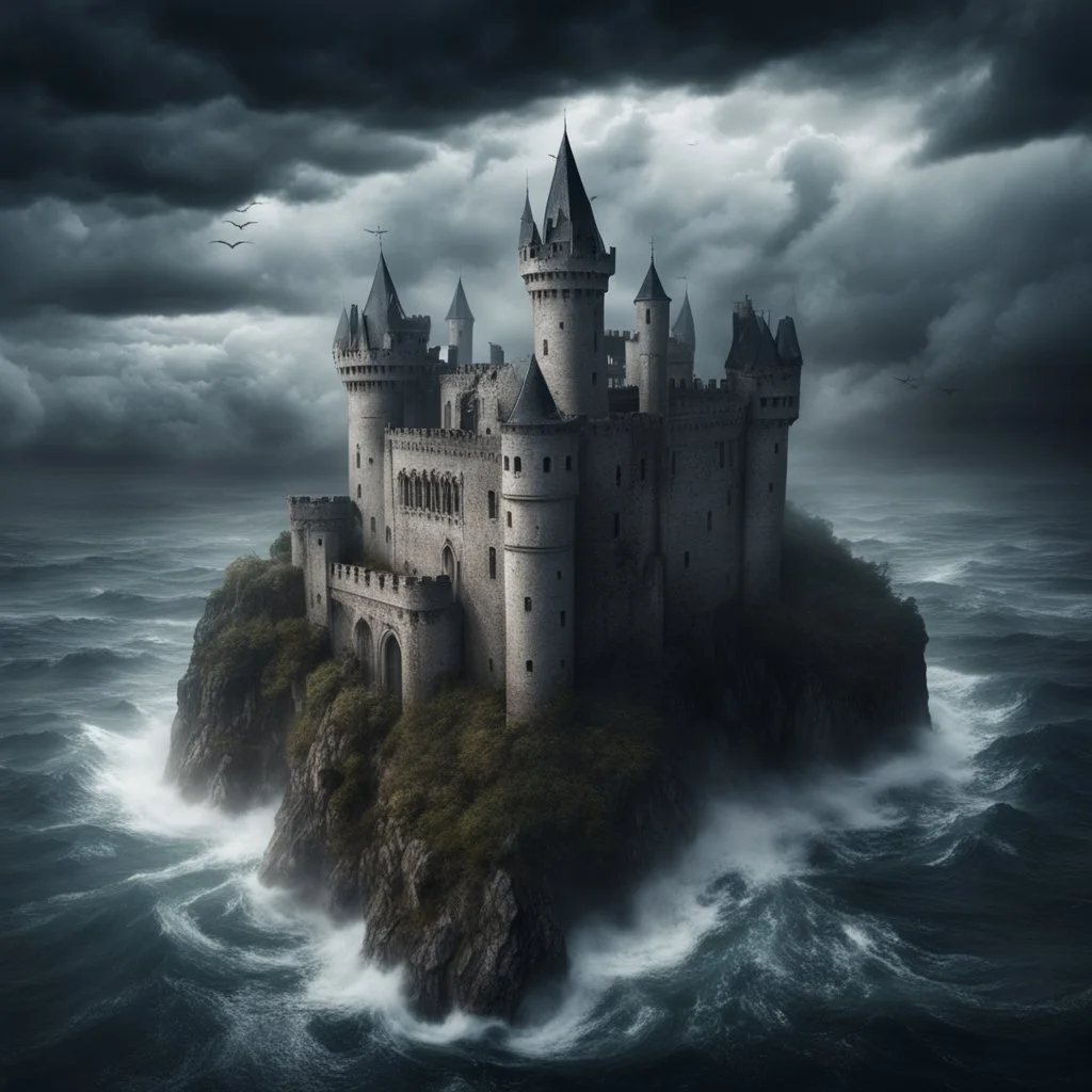 Hyper Realistic Aerial View of a huge haunted abandoned gothic castle between a sea & sea-storm with white-ghosts-flying on it & cloudy sky at heavy-rainy-night with mountains far showing dramatic & cinematic ambiance