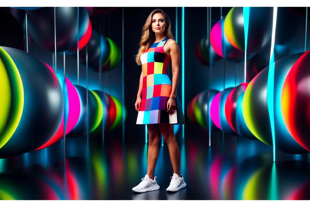 beautiful lady with todays modern clothing and sport shoes, in surreal stage made of fractal random size spheres with helical strip colors in clothing similar to environment full body posing to camera,animating background metallic random color cubes
