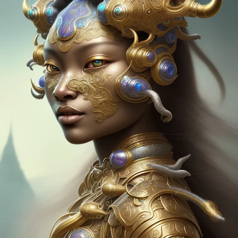 Sango fantasy, fantasy magic, intricate, sharp focus, illustration, highly detailed, digital painting, concept art, matte, art germ and Paul Lewin and Kehinde Wiley, masterpiece Indonesian lady head bronze tiger Asian African girl nice breast Hawaiian hair turquoise silver waves