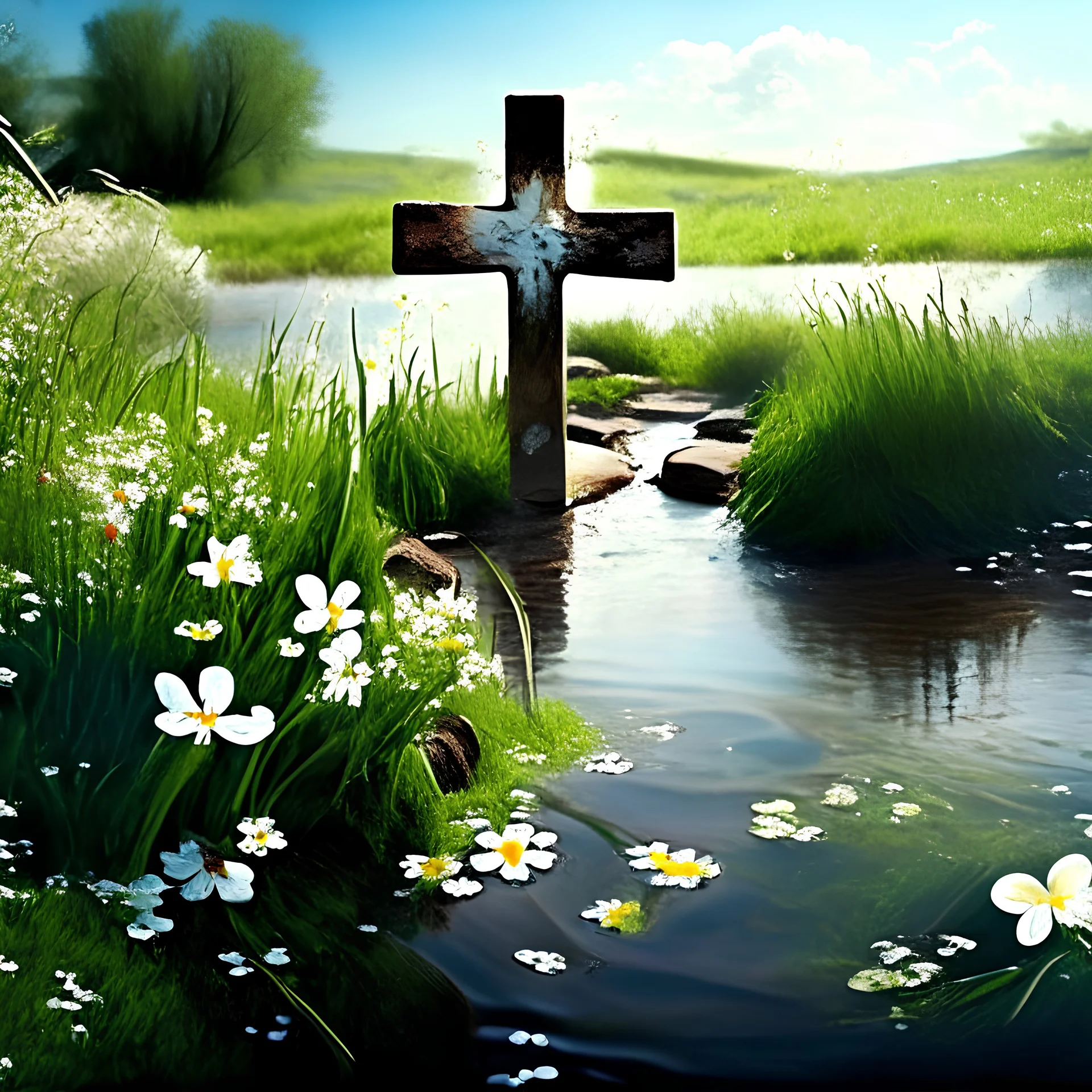 Christian Cross by a beautiful stream, field in the background with wild flowers