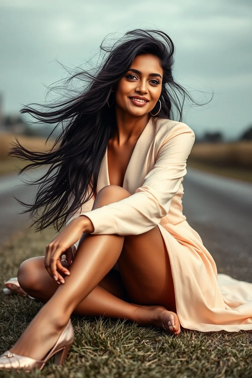 A stunningly ethereal indian woman with cascading, tousled hair, captivating eyes, and a lovely smile sits gracefully on a grassy pavement. She is dressed in exquisite designer attire and shoes that perfectly complement her glowing skin. The windy weather adds a dynamic element to the scene, enhancing the fashion photograph's sense of movement and glamour. Each detail in the image exudes sophistication and elegance, creating a visual masterpiece that is both captivating and alluring.