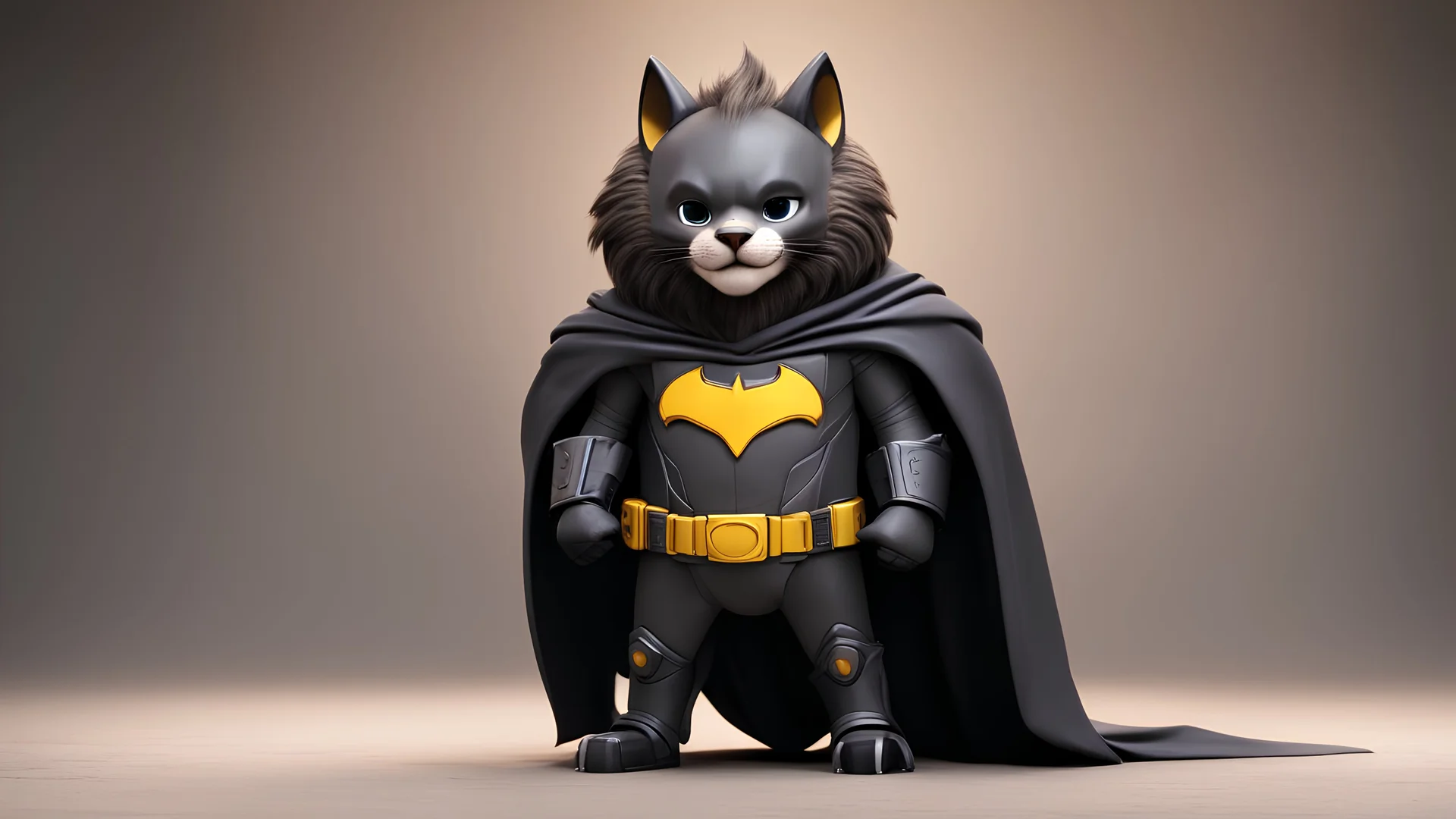 lion,a lion dressed as batman from marvel Fused as one, Full Body, (Smile), Unreal Engine, Marvel Comics. time-lapse, cinematic background,1 character,no mask,body minion,smile,cute,backgroun lighting,one picture,smile