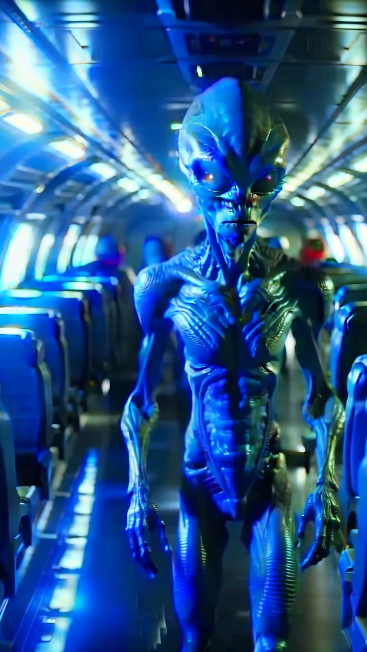 inside a commercial airplane an alien is walking in isle between the seats equipped with scared passengers cinematic , real , 8k, sifi