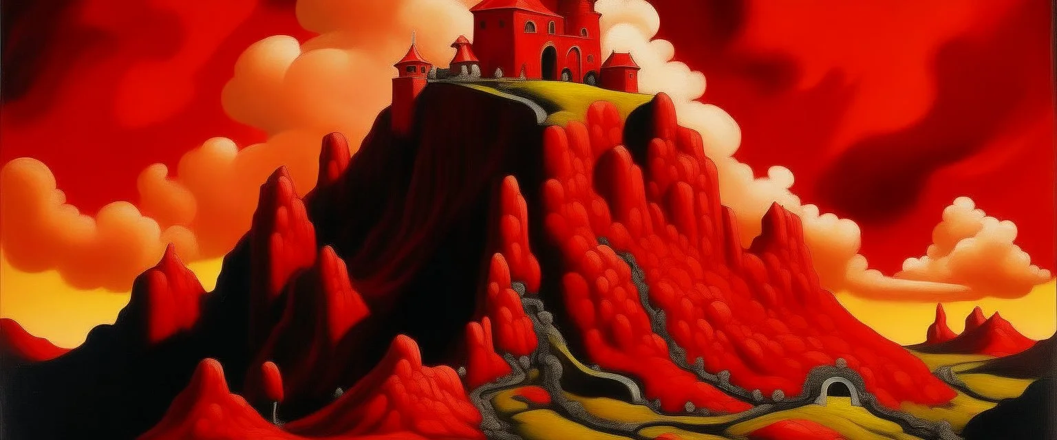 A red castle on top of a volcano painted by Thomas Hart Benton