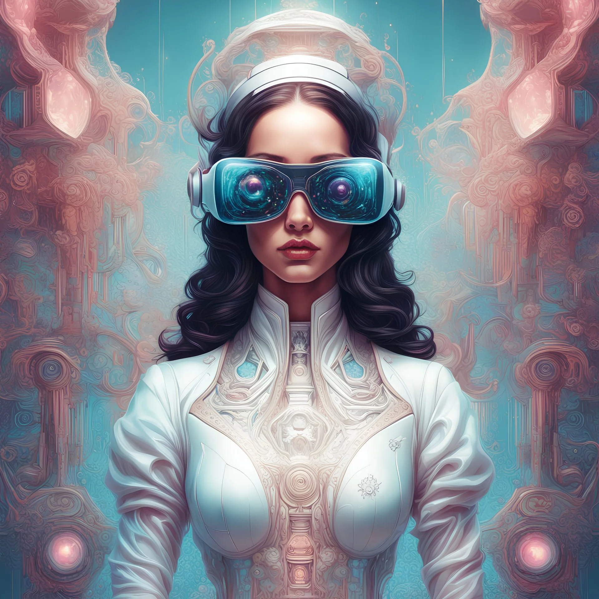 monalisa haute couture, white, intricate details, pastel colors, futuristic outfit, gorgeous, weird, serious with VR glasses,motif de circuit imprimé brillant sur la peau, particules de lumière art conceptuel, par Alberto Seveso, Cyril Rolando, Dan Mumford, Art visuel significatif, Peinture détaillée, Illustration numérique, Unreal Engine 5