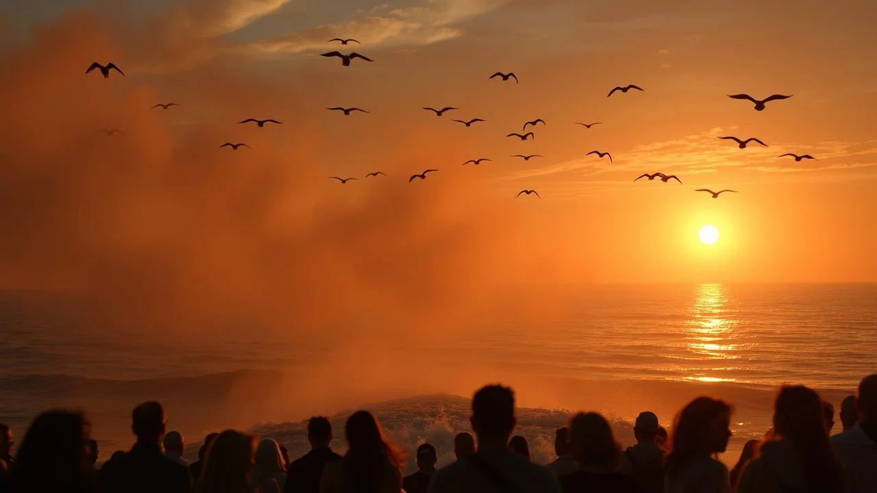 A smoky heat was steaming over the lively gulf at dawn, with birds flying overhead; below, a shining arch depicted a current, and a crowd including a White male, Black male, and Asian female was ready to cross.