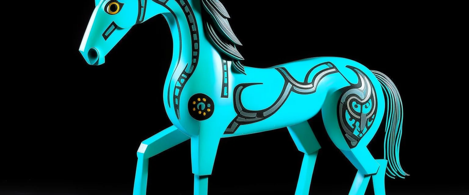 A cyan lightning elemental horse designed in German folk art painted by Stuart Davis