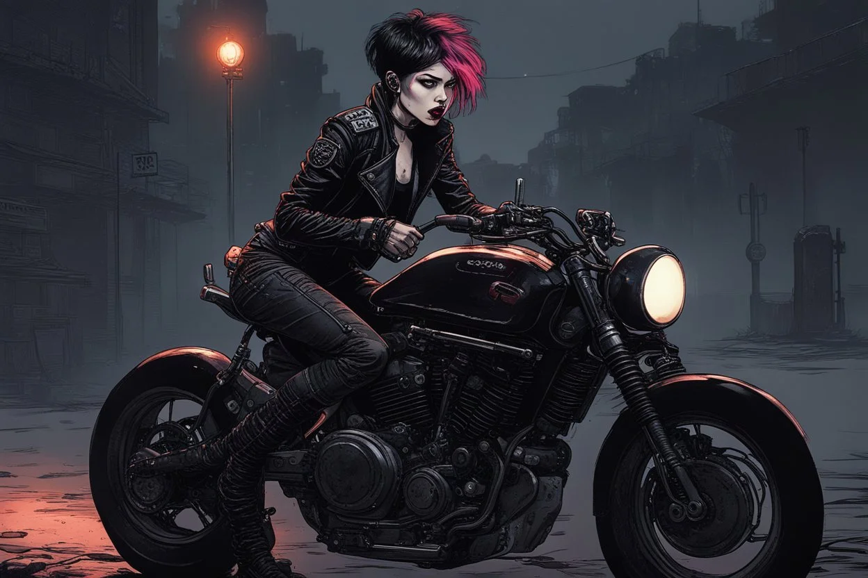 scarred cyberpunk vampire girl showing fangs with short cropped cyberpunk hair riding a black cafe racer motorcycle in a post apocalyptic wasteland at 3 am