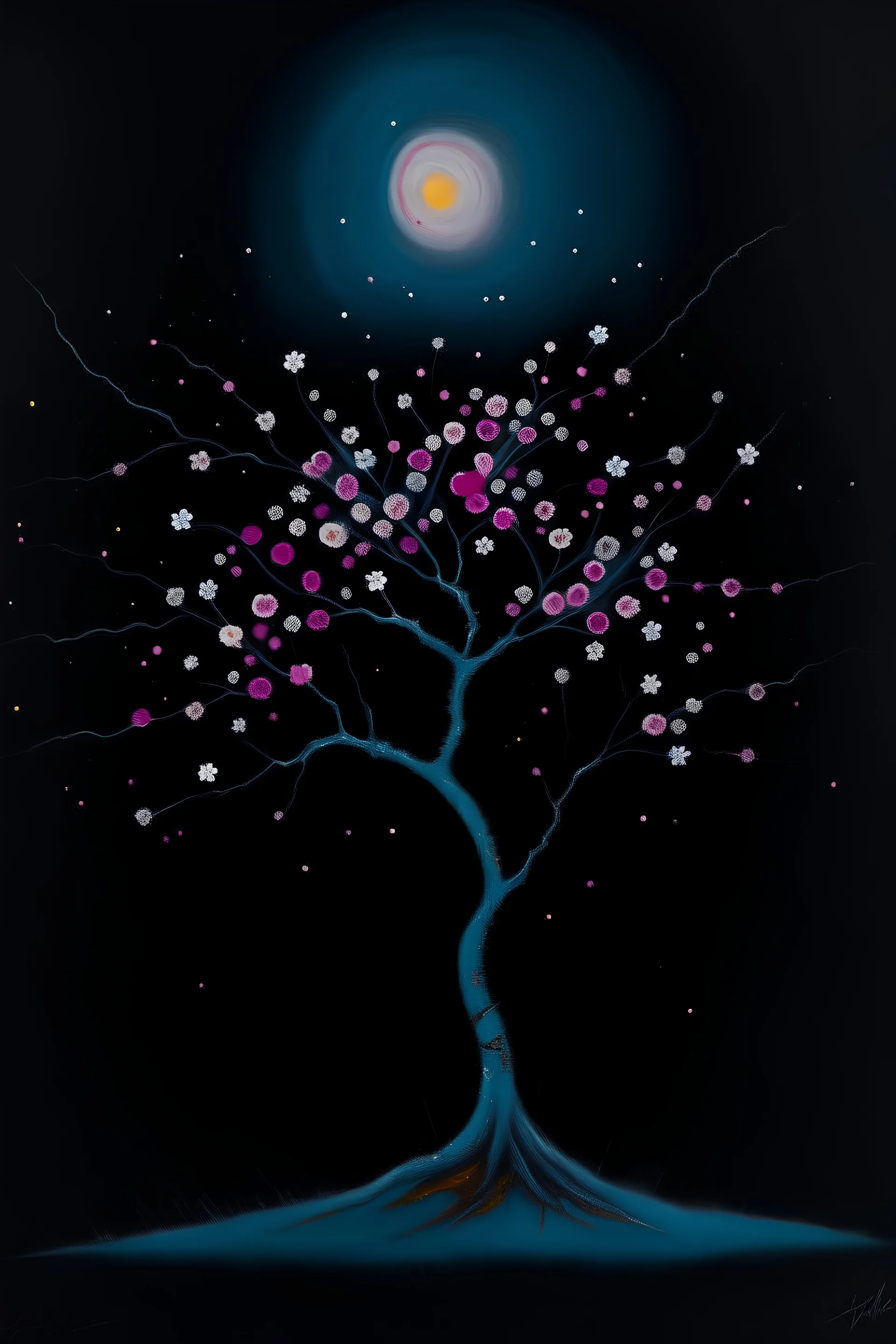 Oil painting of a slender Sakura tree in isolation, lush blooms glowing in the moon light, falling petals like fine splatters, dark background, atmospheric, dream like, minimalistic, fine details, realistic branches, muted colors