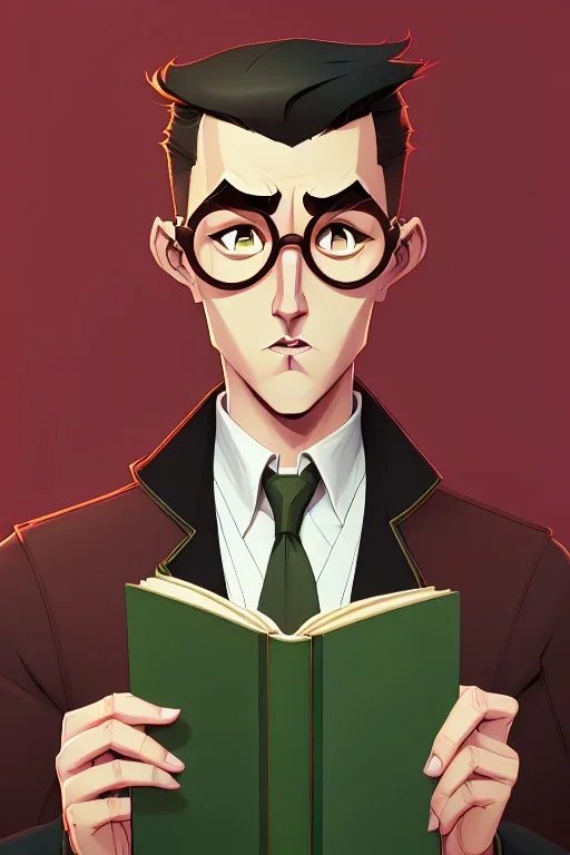 Fit man in round glasses with bookshelf in background, stubble,no beard, reading book, slim, tie, monotone, green eyes, comic book style, two tone colours, detailed, ink, realistic, handsome, square jaw, big brows, no jacket, bird on the shoulder, spotlight