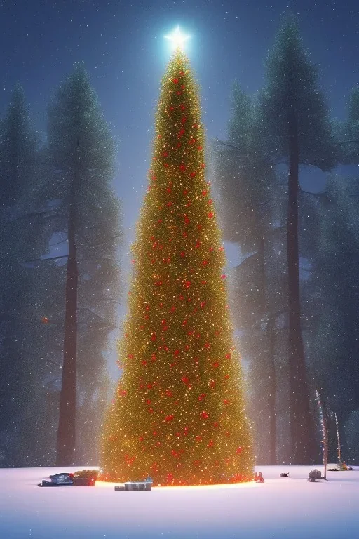 Huge lonely Christmas tree full of lights in a dark snowy forest, multiple deer, cabin with lights