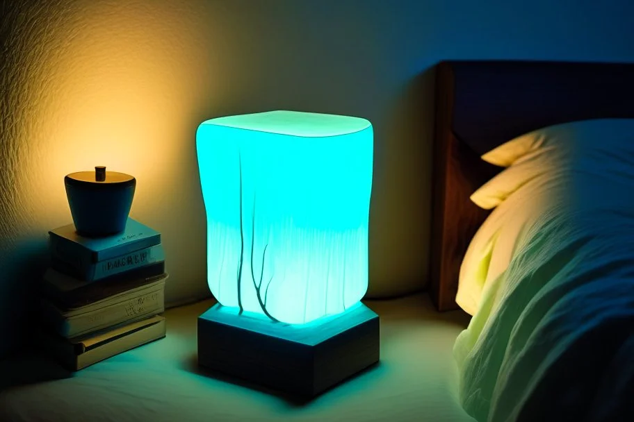 bioluminescent tyffany lamp on a wooden nightstand