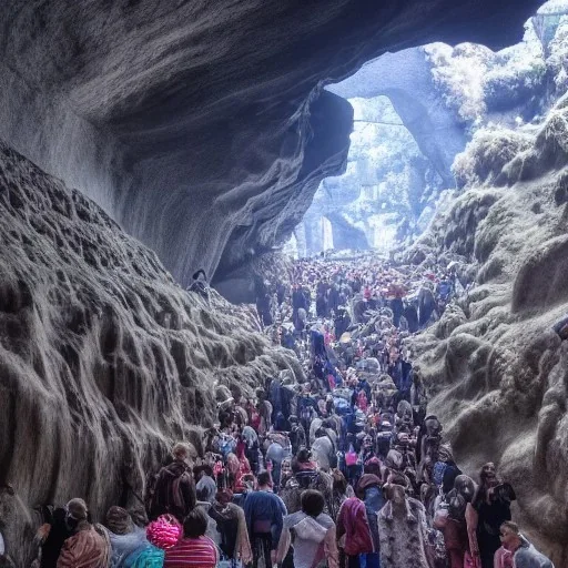 A giant city full of people inside a shimmering cave