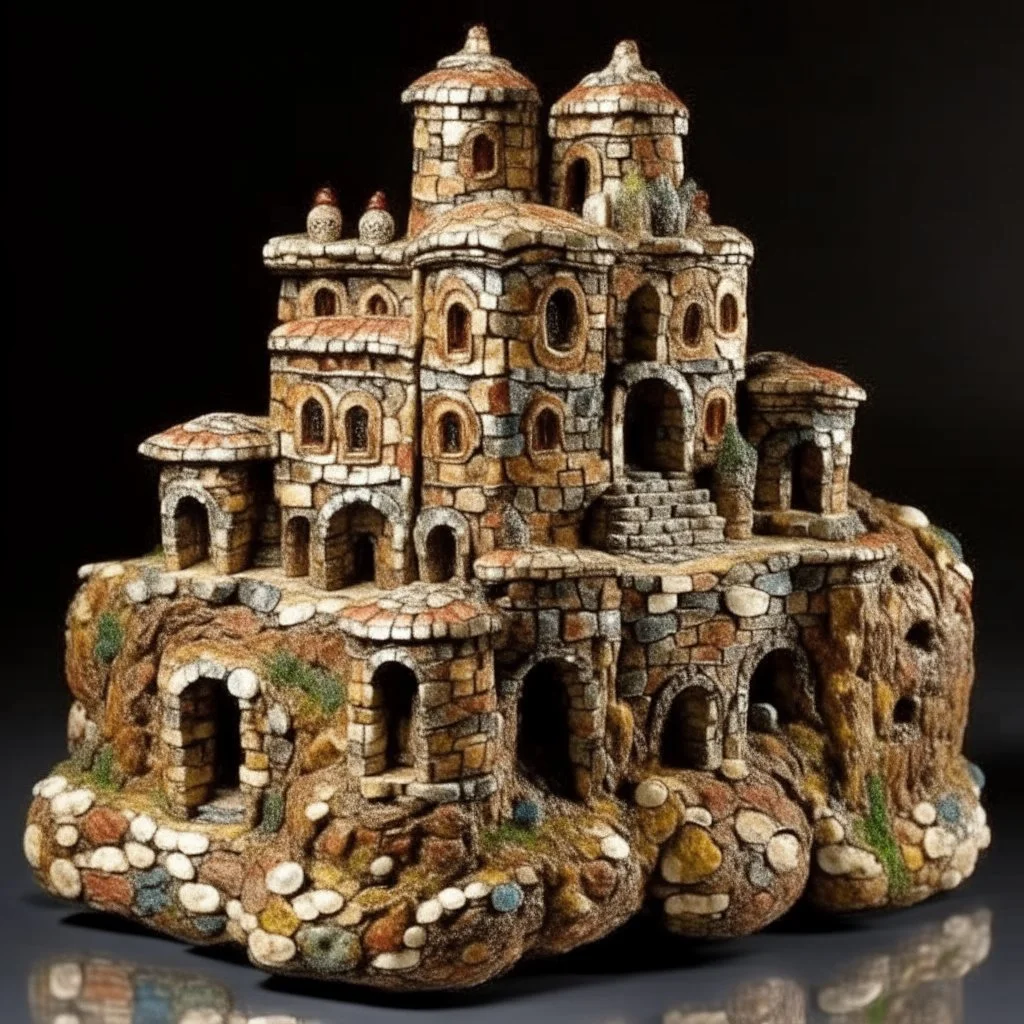 A brown fortress with rocky hammers designed in Matryoshka dolls painted by Claude Monet
