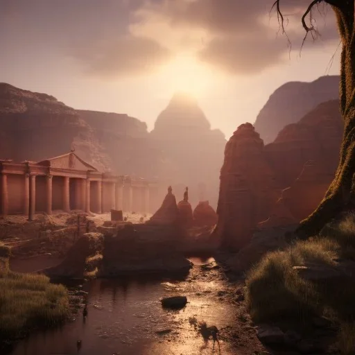 Petra, Ürdün, sunset, fantasy art, springs, beautiful, realistic, hyper detailed, unreal engine 5, octane render