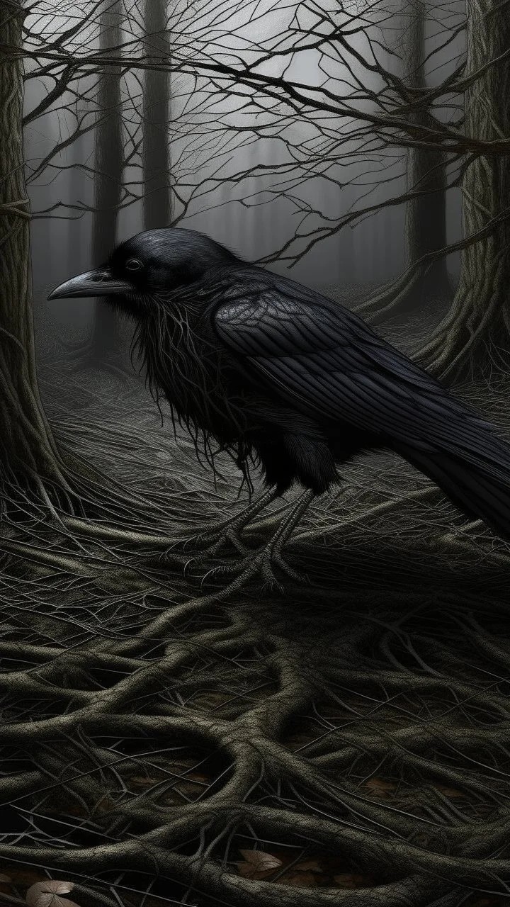black vein, human veins, mixing together a lot of them, like a forest, big and small veins a lot of them, a crow standing on black spider