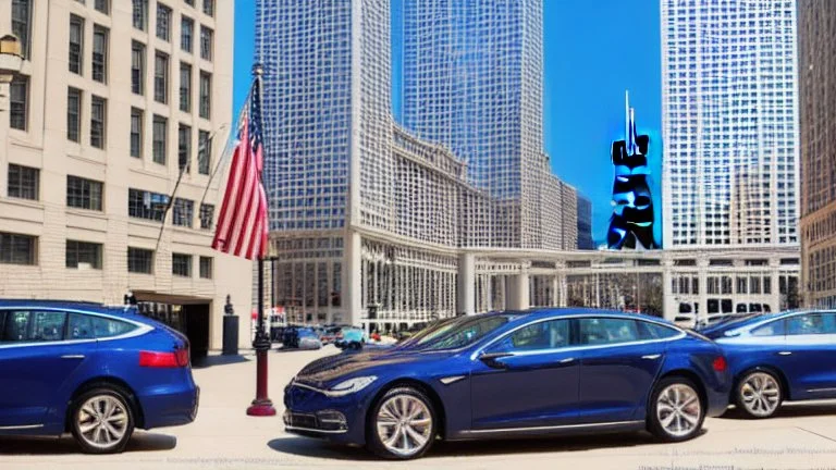 A Tesla's 'Model S Plaid' is parked, on the Navy Pier, in Chicago. CINEMATIC. WIDE ANGLE LENS. PHOTO REAL.