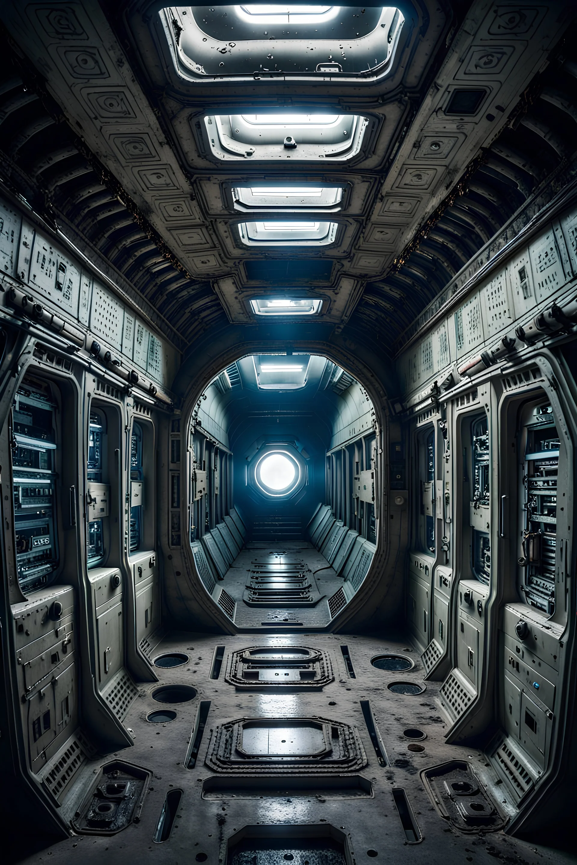 Alien symbols and silent corridors evoke space horror in this abandoned spaceship interior