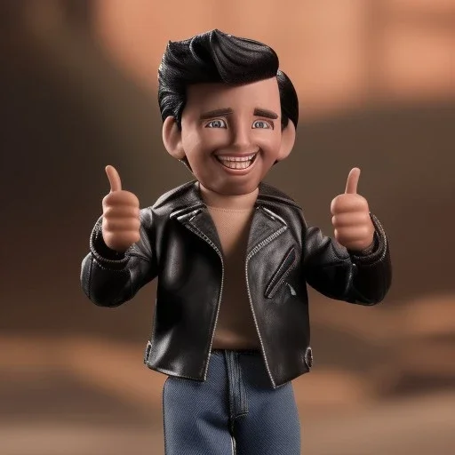 wide view young Fonz with black hair greaser figure doll 1977 (thumbs-up) (face) Forehead grin, fonzarelli, ((arnold's drive-in)) fonzie