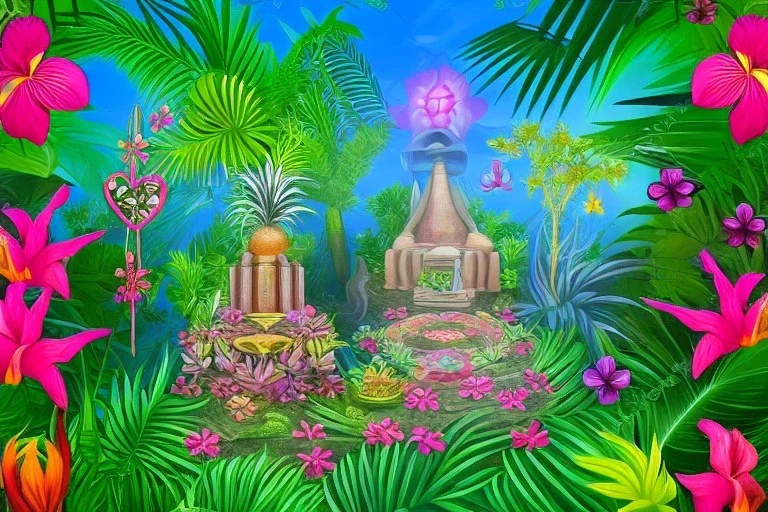  Tropical flowers, heart drawing, crystals, tropical leaves, sacred altar, Fantasy temple, Surreal landscape.