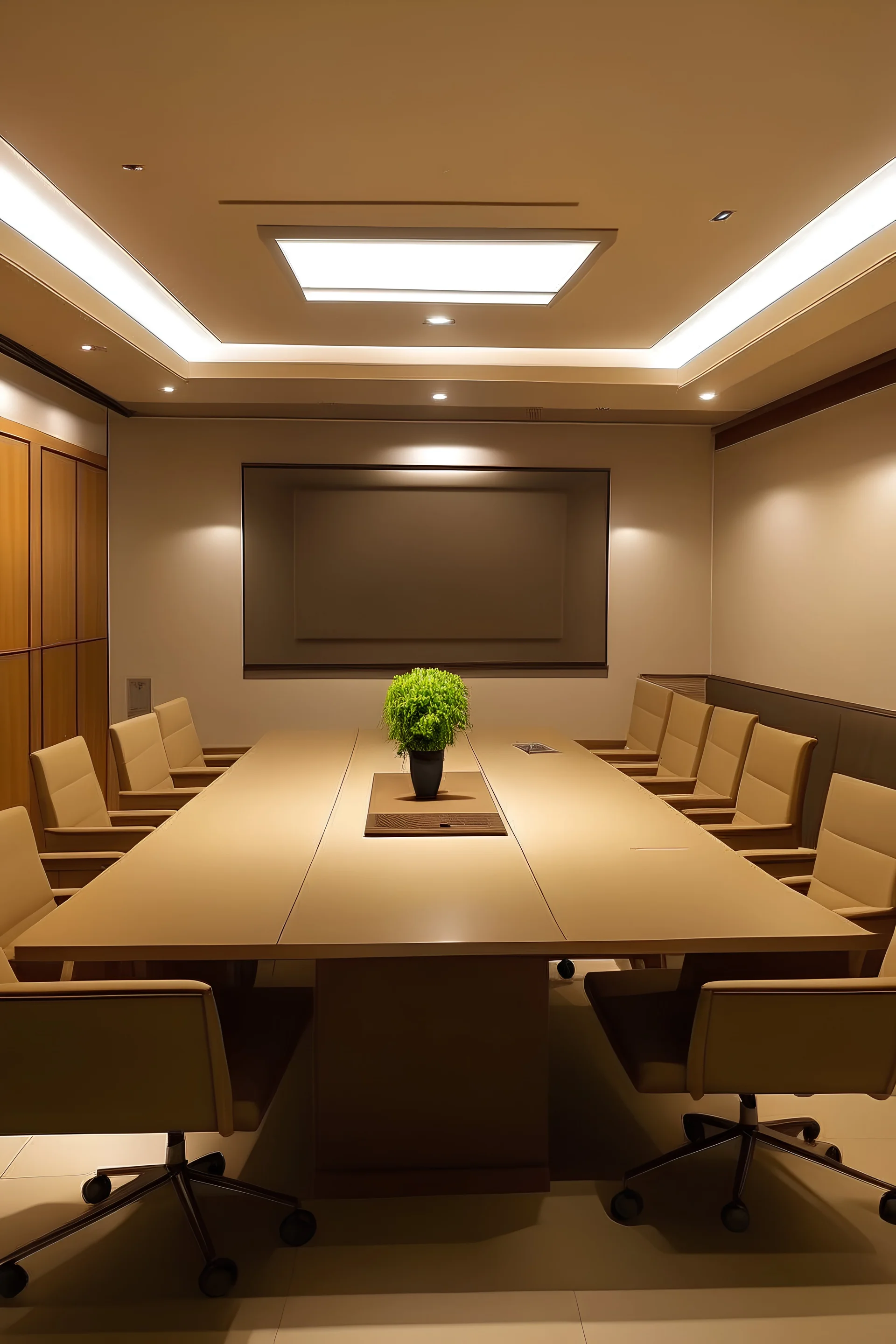 square meeting room and a table in the middle for 12 people and the walls are brown and the table