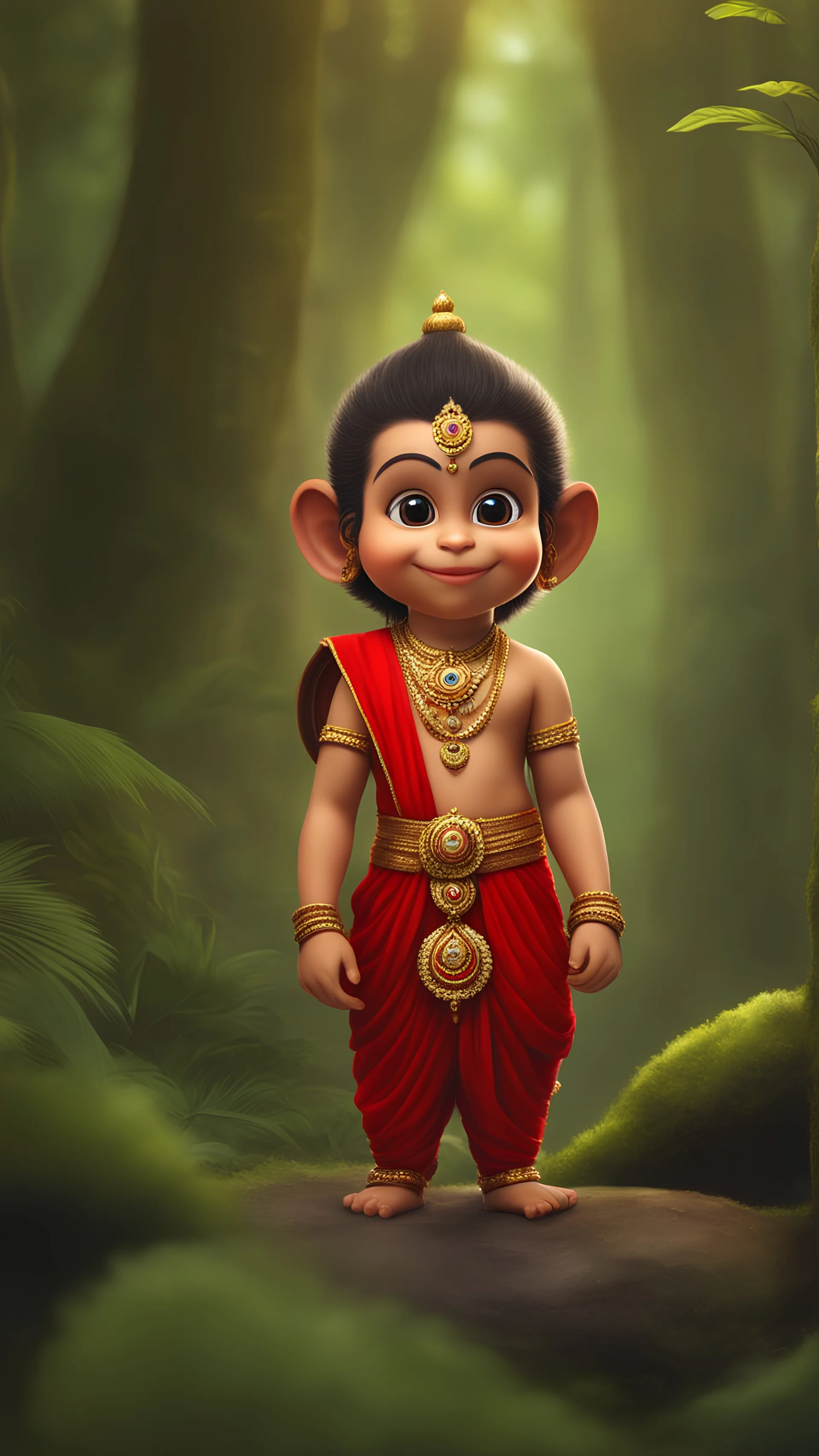 very cute tiny, Hindu God Hanuman childhood, with monkey face, standing, meditation, wearing red dhoti, in beautiful forest, highly detailed, High resolution, High quality, ultra realistic HD, 12k, rim lighting, adorable big eyes, Perfect lighting, realistic, Sharp focus