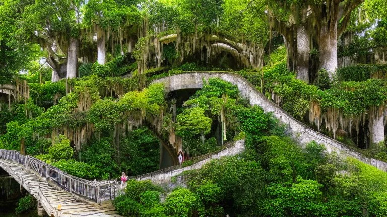 Gigantic mushroom village with balconies, archways, stairs, bridges, bushes, spanish moss, ivy, river, a winding pathway through the middle, in a valley