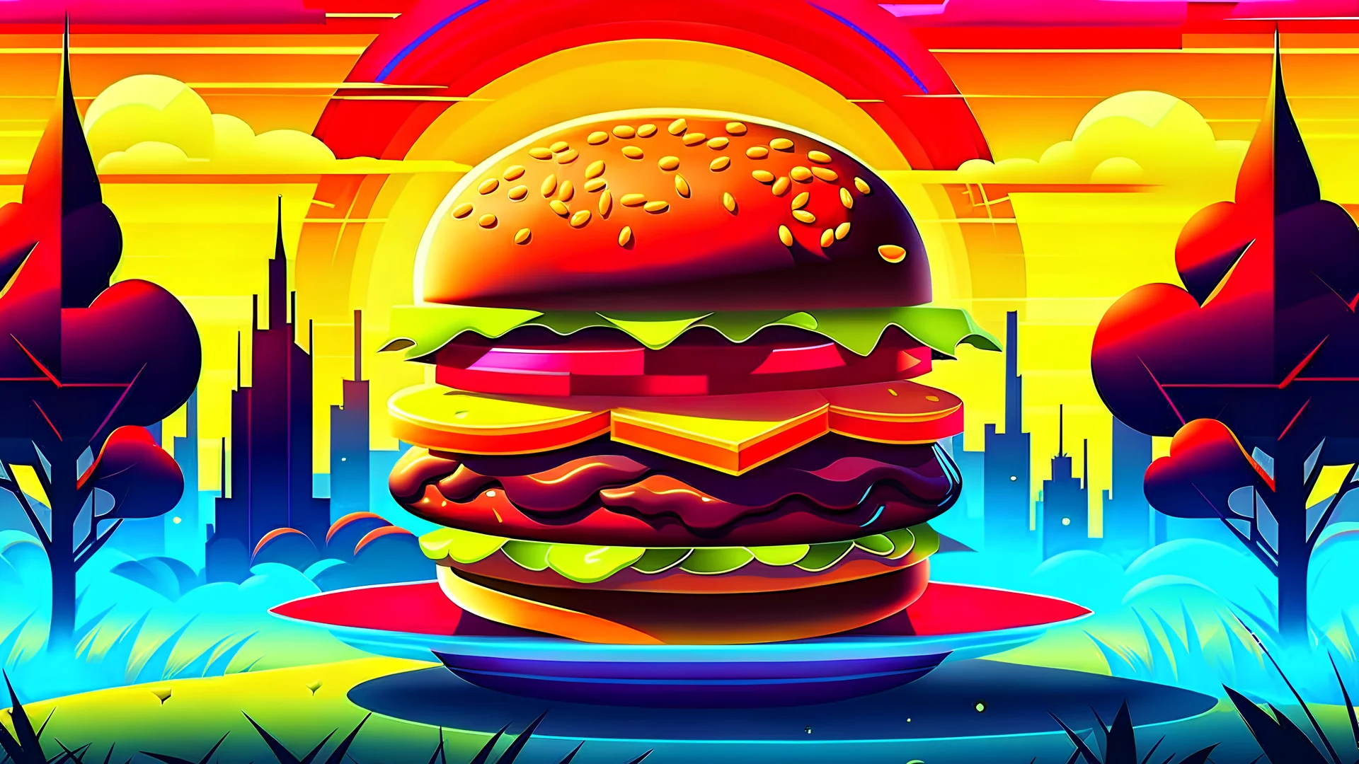 Stylized Illustration of a tasty Burger on a plate infront of graveyard