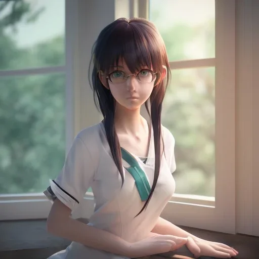 Anime girl studying in room, perfect face, window, nature, anime style, unreal engine 5, studio lighting