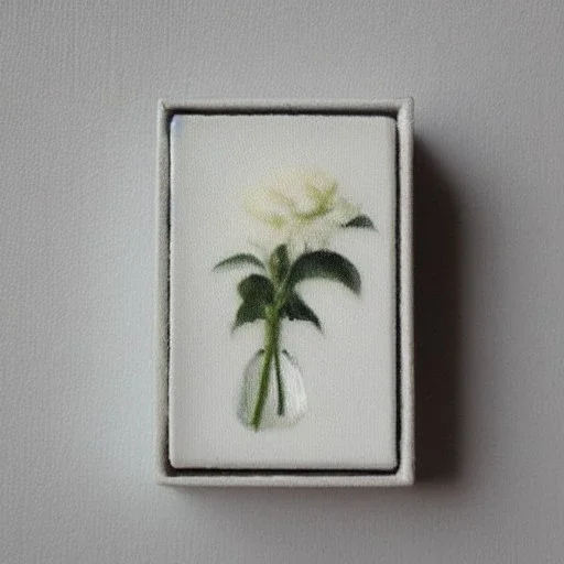 tiny oil painting of single long stem pressed flower, white canvas, ghostly, melancholy, tender, moody, vintage, delicate arrangement, beautiful composition, etsy, aesthetic layout, plain solid white background