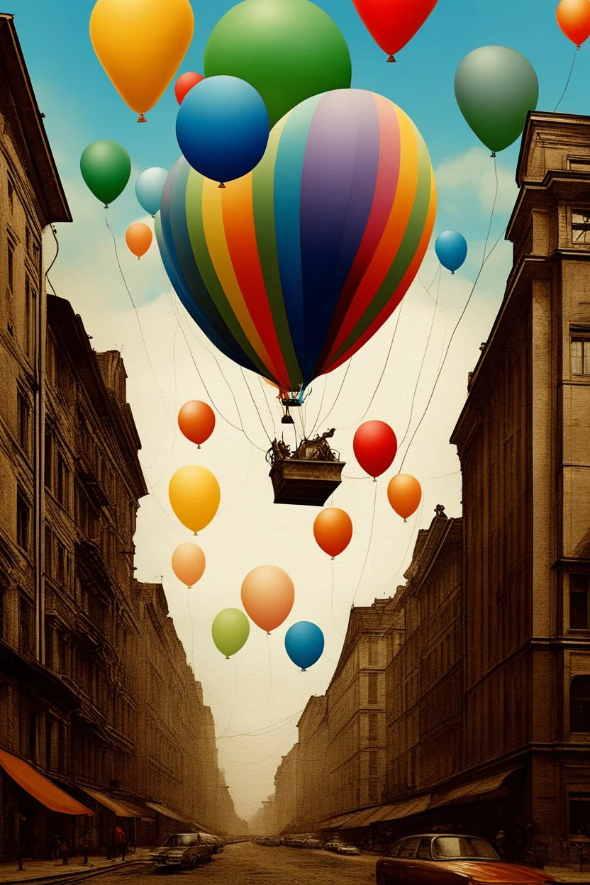 big city with balloons in the sky , Bosch painting style