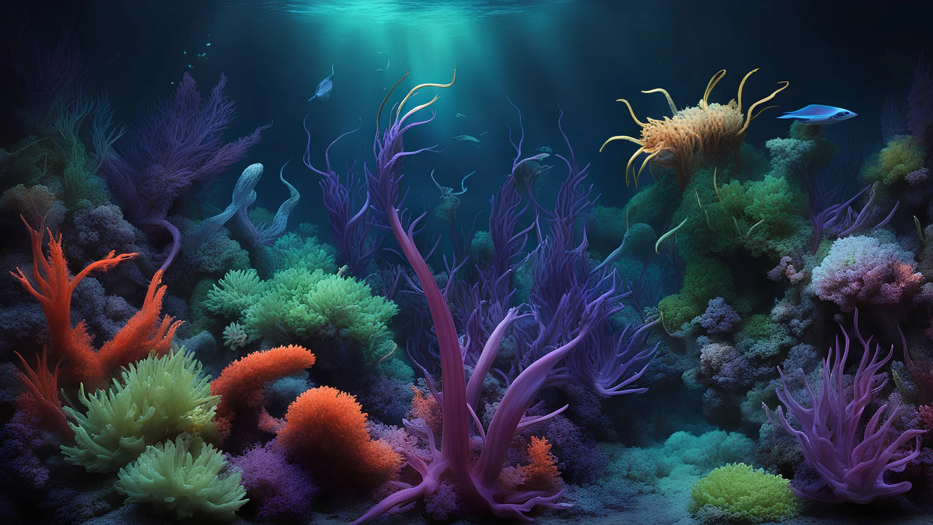 animals creatures, plants from subanautica from deep sea, leviathan's a lot of sea plants very deep, beautiful, river of magma, green and blue, dark purple