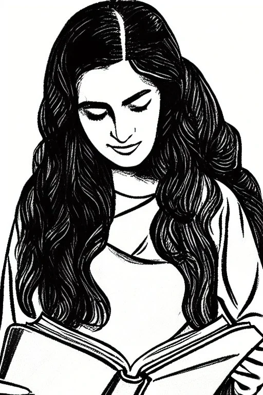 Pencil sketch of Young woman, Arab features,sad, long wavy hair, reading a book, full body، on lined paper